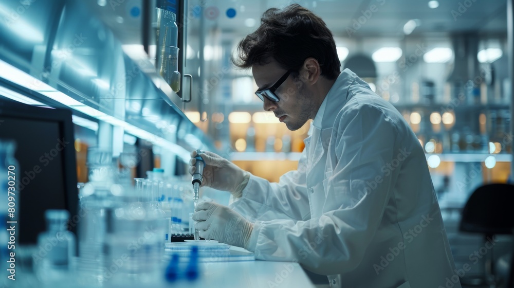 pharmaceutical scientist performing a meticulous quality check of newly developed pharmaceuticals, in a high-tech lab setting. pharmaceutical scientist performing a meticulous quality check of newly developed pharmaceuticals, in a high-tech lab setting.