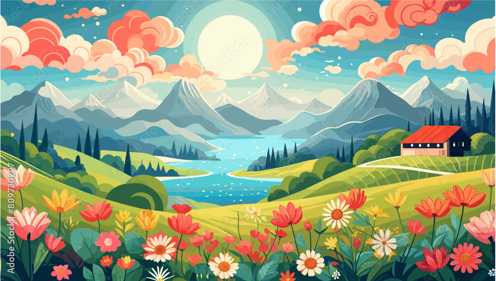 A vibrant landscape with rolling hills, mountains, and a bright sun in the sky