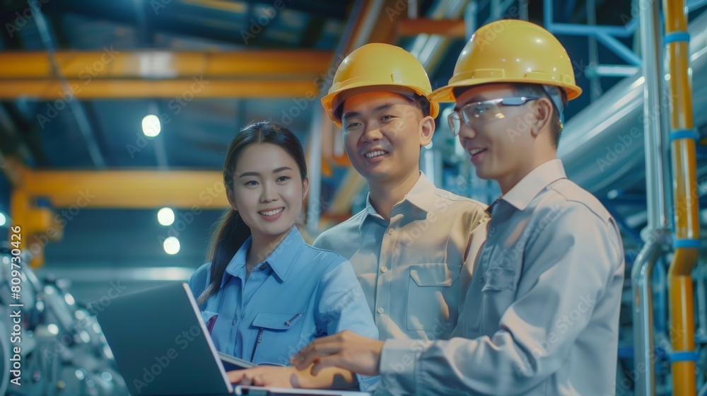 Asian engineer and technician at work smiling while discussing job assignments using laptop computers in a factory. Two heavy industry employees wearing hard hats discuss building assignments using Asian engineer and technician at work smiling while discussing job assignments using laptop computers in a factory. Two heavy industry employees wearing hard hats discuss building assignments using