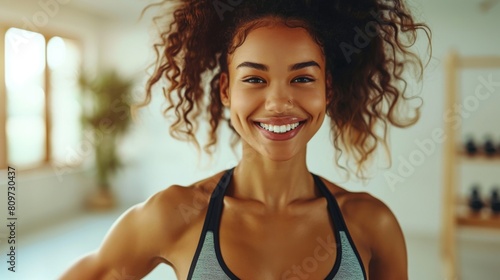 young woman in a chic sports bra and leggings, doing a fitness routine, smiling broadly, on a bright white background.