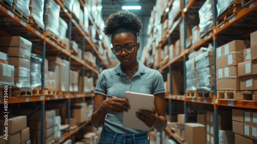 Inventories are checked, and clipboards are used on tablet computers. A black lady works in a warehouse storeroom with rows of shelves packed with packages.