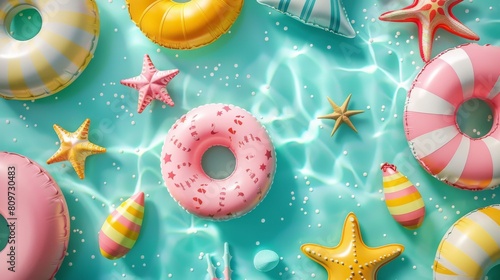 Summer background with many floats in flat style