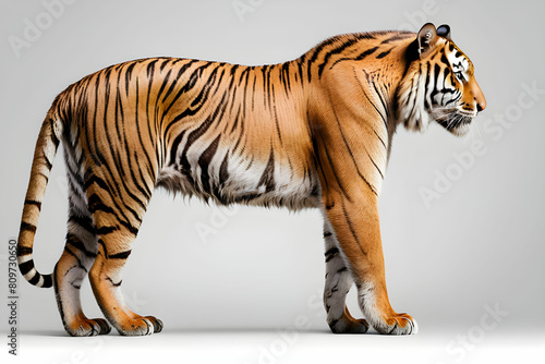 Side view  profile of a tiger standing  isolated on white