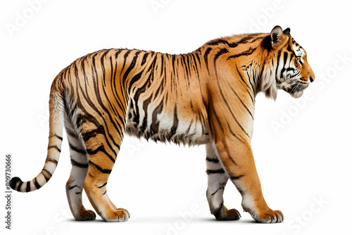 Side view  profile of a tiger standing  isolated on white