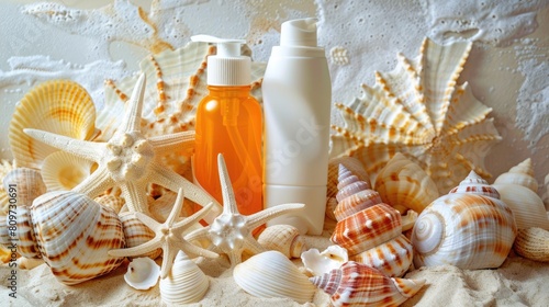 A white bottle of lotion is artistically surrounded by natural materials such as seashells and starfish. The intricate patterns of molluscs and invertebrates closeup create a beautiful piece of art