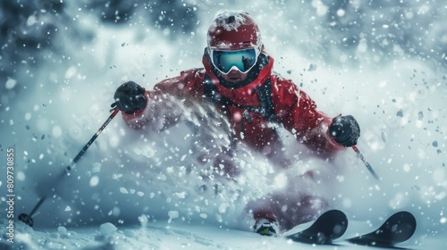 skier making a sharp turn  with snow particles flying  capturing the action and intensity of the moment.