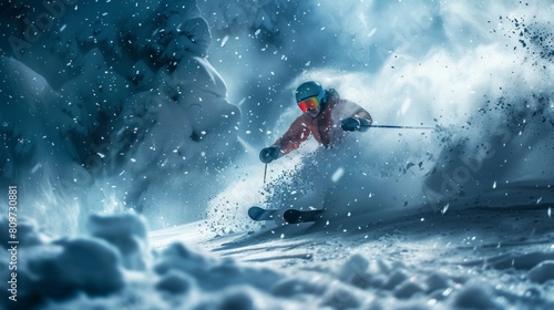 skier making a sharp turn  with snow particles flying  capturing the action and intensity of the moment.