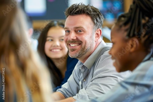 A male teacher and a group of students sitting at a table, all smiling and engaged in a classroom setting