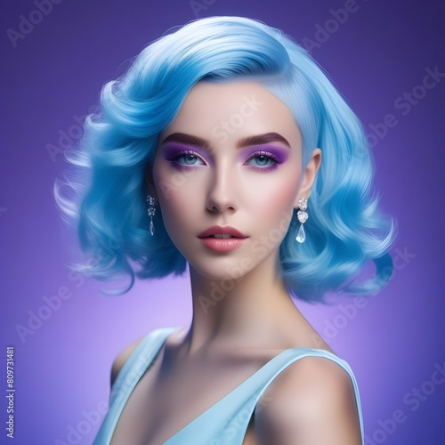woman with blue hair and a halo around her head on a simple pure purple background  glowing small diamonds in her hair  angels  beautiful dolphin anime aesthetics  nephilim  blue  retro 80s