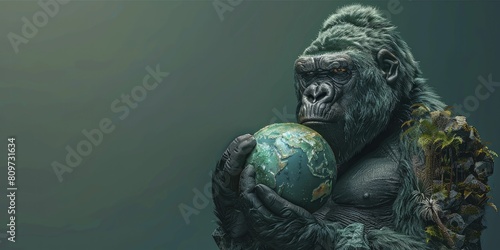 An imaginative 3D gorilla donning a globe, set against a lush jungle, advocates for global conservation efforts.