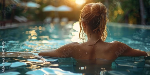 image taken from backside of a blonde girl enjoying in a pool