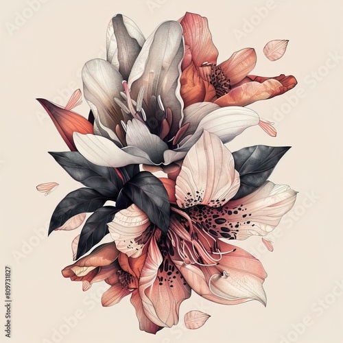 Pink and coral orchids and lilies on beige background. Beautiful bouquet of flowers, detailed botanical illustration.