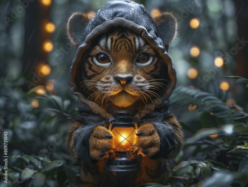 Artistic minimalist 3D rendered tiger costume holding a lantern  dark jungle background for a night explorer theme.