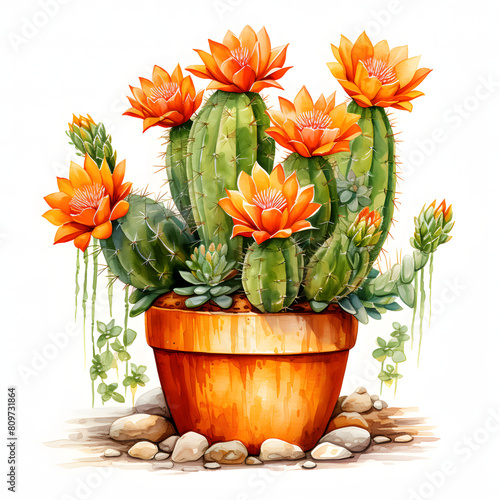 Golden barrel cactus (Echinocactus grusonii), Grow on a cute pot, single object, watercolor illustration, white background. photo