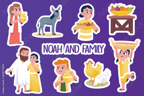 Set of stickers Noah and family in flat cartoon design. Happy children, cheerful parents and well-groomed pets are depicted in this image. Vector illustration.