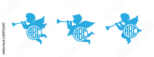 Cherubs name monograms. Angel with monograms. Herald angel blowing trumpet. Cherub blowing into a tube. Vector illustration.