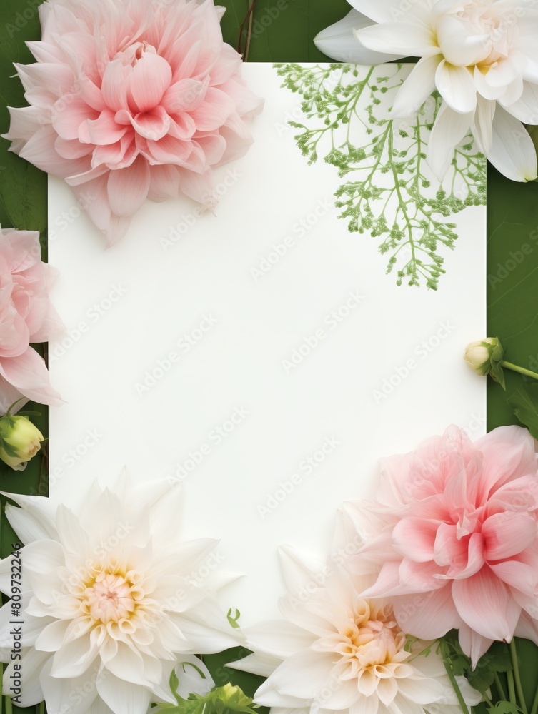 Mockup with blank greeting card with flowers and plants background. Concept invitation wedding, birthday with place for text Mockup with blank greeting card with flowers and plants background. Concept invitation wedding, birthday with place for text
