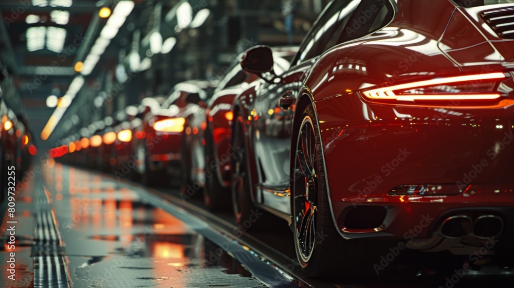 the final inspection of luxury cars before they leave the manufacturing plant, emphasizing detail and precision.