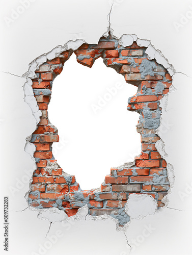 broken red brick wall with hole on transparent background. white background. cut out.