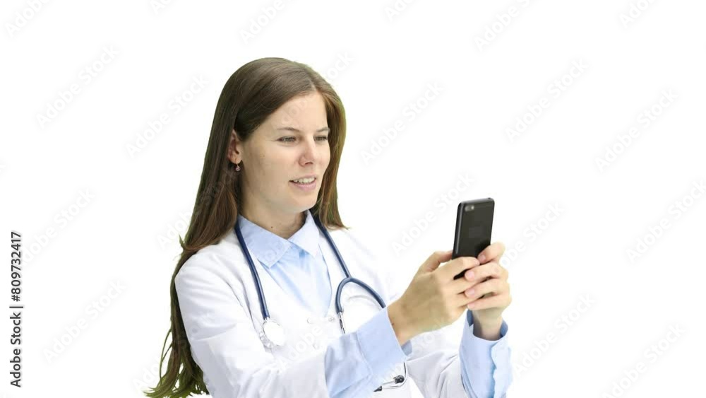 Female doctor, close-up, on a white background, with a phone Female doctor, close-up, on a white background, with a phone