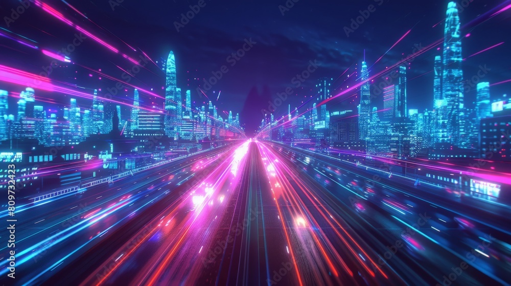 3D Rendering of trail lights from highway and light reflection from buildings in mega city at night. Concept of technology background 3D Rendering of trail lights from highway and light reflection from buildings in mega city at night. Concept of technology background