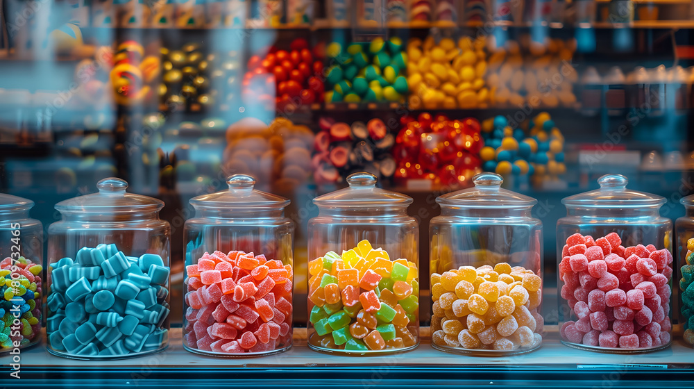 Various candies, gummy jellies, chewing gums, lolly, etc arranged in glass containers