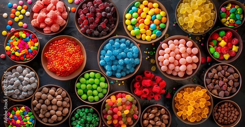 Top down view of various candies, gummy jellies, chewing gums, lolly, etc arranged in compartments