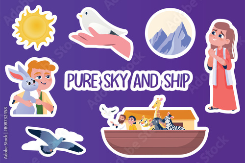 Set of stickers Pure sky and ship in flat cartoon design. These stickers depict Noah's happy family, rescued animals and beautiful nature after the rain has ended. Vector illustration.