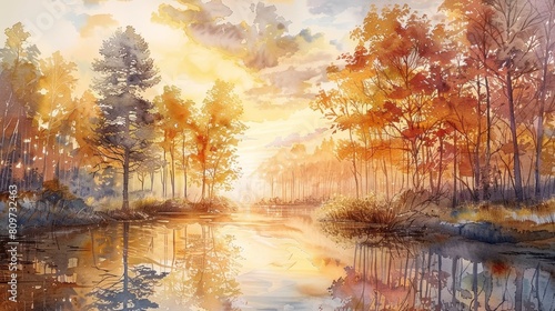 Autumnal Forest Watercolor A Serene Reflection of Romantic Realism Nature photo