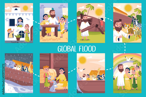 Set of images global flood in flat cartoon design. This set of illustrations shows scenes from the biblical story of the great flood and Noah's ark. Vector illustration.