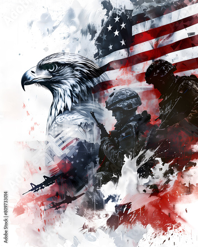 Double exposure image of soldiers, eagle and USA flag. Veterans Day, Memorial Day, Independence Day