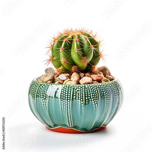 Peyote (Lophophora williamsii), Grow on a cute pot, single object, isolated on white background.