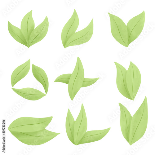 Set of watercolor vector illustration of a leaf in childish style.