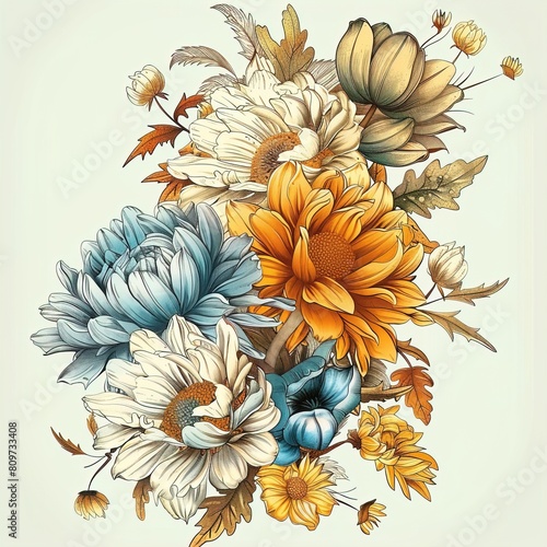 Beige and blue floral arrangement. Beautiful bouquet of flowers, detailed botanical illustration.