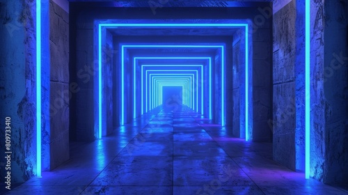 Cement Concrete Sci Fi Futuristic Cyber Neon Electric Laser Lights Glowing Blue Tunnel Corridor Hallway Pillars Dark Background Spaceship Underground 3D Rendering Illustration