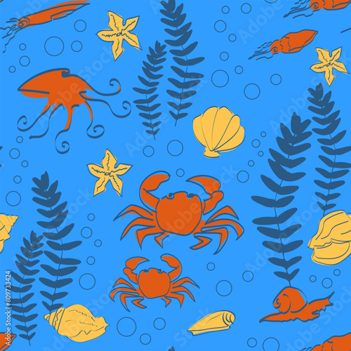 Seamless pattern of sea and ocean octopus, squid, shells, crabs. Marine theme template for modern design of fabric, wallpaper, textile. Vector illustration