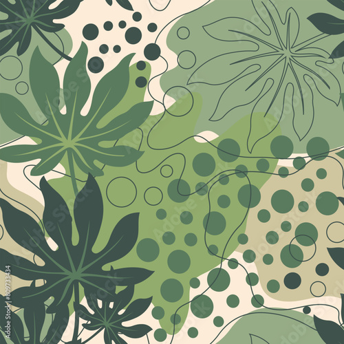 Trendy abstract seamless pattern with tropical leaves and geometric shapes. Template for modern design of fabric, wallpaper, textile, wrapping. Vector.