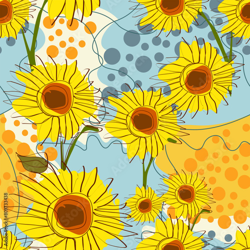 Yellow sunflower flowers seamless pattern with abstract colorfull background. Template for modern design of fabric, textile, wrapping
