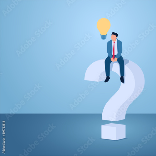 A man sits on a big question mark and gets an idea lamp, illustration for inspiration.