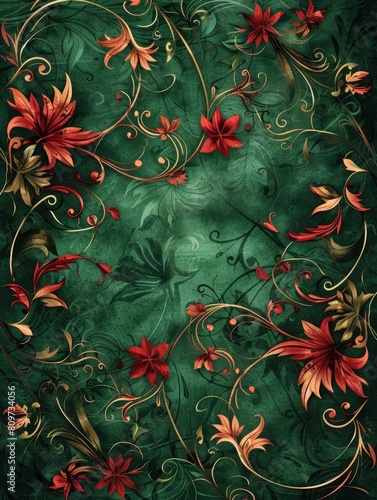 Intricate Crimson Floral Design on Deep Emerald Forest Backdrop A Luxurious and Sophisticated Statement