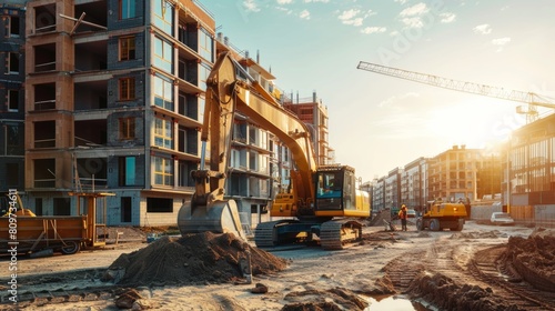 A sunny evening on a construction site shows a trencher loading sand into a truck. Construction workers work on a new apartment complex. Heavy machinery is used to complete the construction of the photo