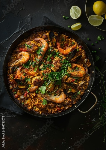 Vibrant Spanish Paella Dish on a Minimalist Table Setting for Food Blogs Generative AI