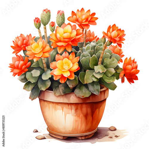 Rebutia muscula, Grow on a cute pot, single object, watercolor illustration, white background. photo