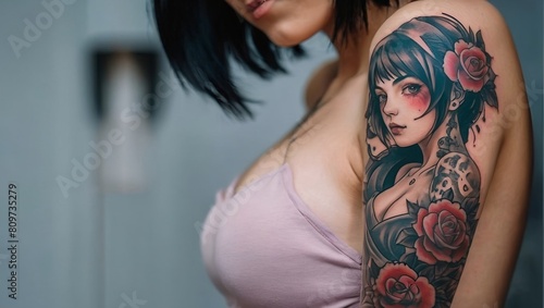 Vibrant anime ink adorns a young woman's skin  bright anime tattoo.