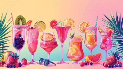 summer retro illustration, a vintage summer pop art background with fruity cocktails and sunglasses, evoking nostalgic vibes in retro style © Aliaksandra