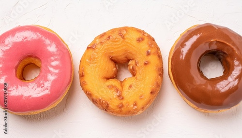 Sweet and delicous pink and chocolate donuts on white background photo