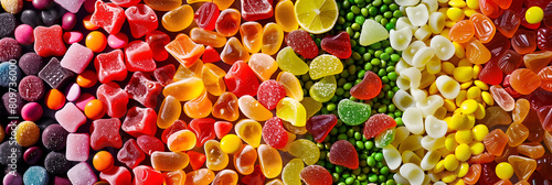 Top down view of various shapes of candies, gummy jellies, lolly, etc photo
