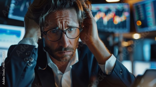 An angry and stressed stock broker is expressing negative emotions as he holds his head in a weakened manner, looking defeated.