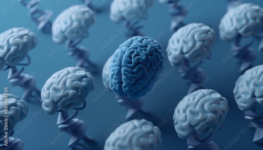 DNA strand next to the human brain, neurons and the human brain connection DNA strand next to the human brain, neurons and the human brain connection