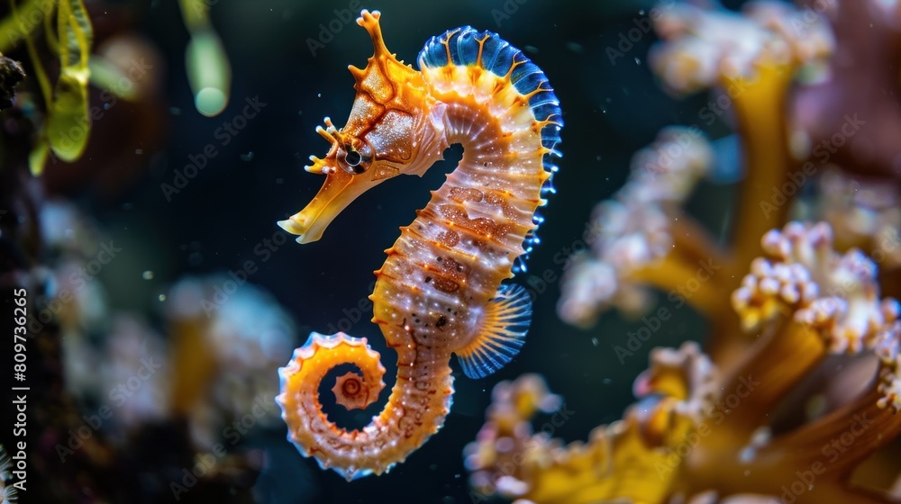 Close up photo of beautiful orange seahorse, AI generated image. Close up photo of beautiful orange seahorse, AI generated image.
